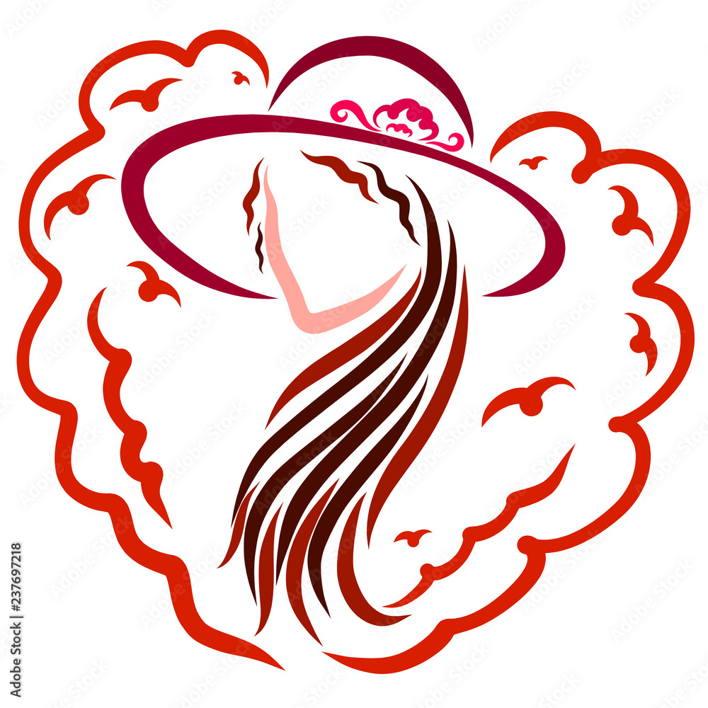 Naklejka premium Red heart and beautiful lady in a summer hat, romance