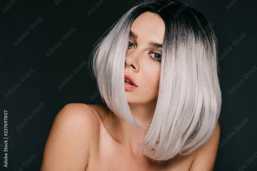beautiful nude girl posing in grey wig isolated on black foto de Stock Adobe Stock