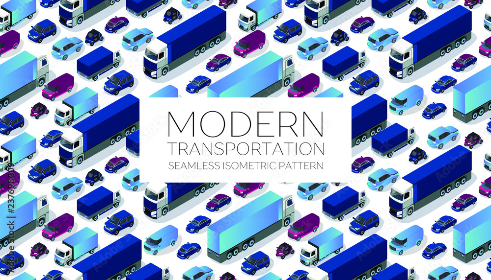 Urban cars seamless texture. Vector background. Isometric cars. Mjdern transportation. Seamless pattern blue car illustration on a white background Urban cars seamless texture. Vector background. Isometric cars. Mjdern transportation. Seamless pattern blue car illustration on a white background
