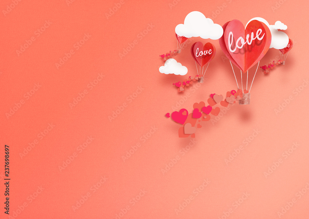 illustration for Valentine's Day. Living heart shaped balloons Living Coral fly among the clouds and praise love. concept of love peace and happiness.