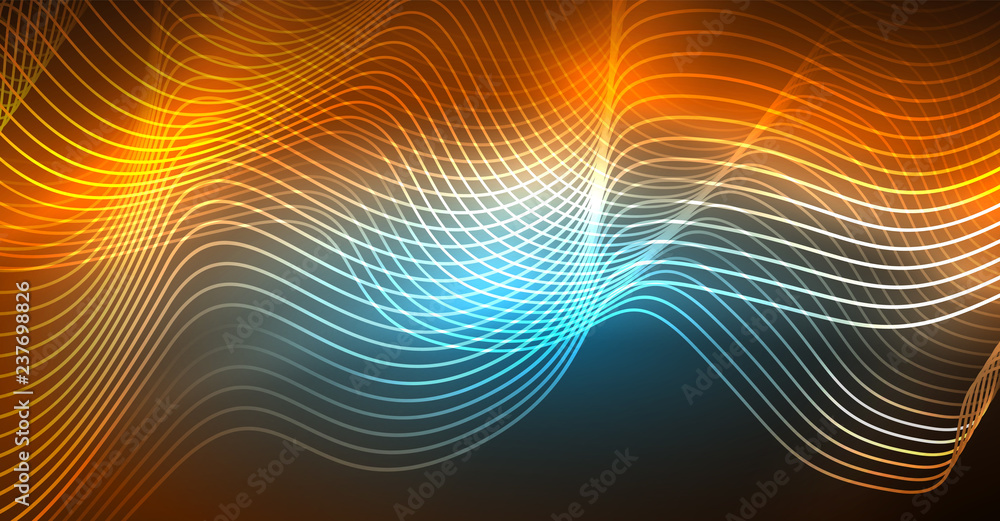 Abstract shiny glowinng color wave design element on dark background - science or technology concept Abstract shiny glowinng color wave design element on dark background - science or technology concept