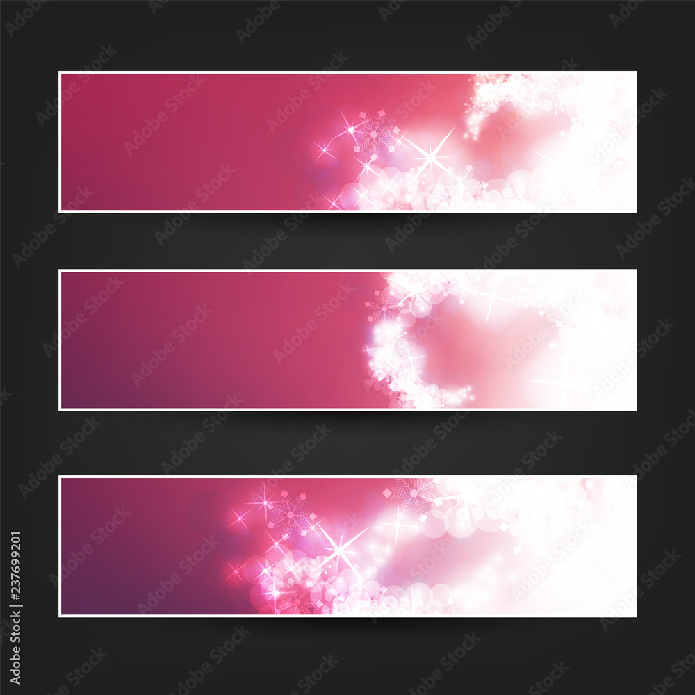 Set of Horizontal Banner or Header Background Designs - Colors: Purple, Claret, White - Web Ad Templates for Christmas, New Year or Other Seasonal Events or Holidays