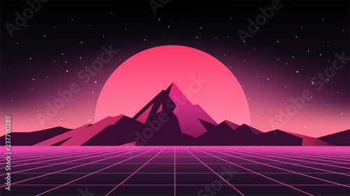 Retro Sci-Fi Background with mountains. Futuristic Vector illustration in 80s posters style.