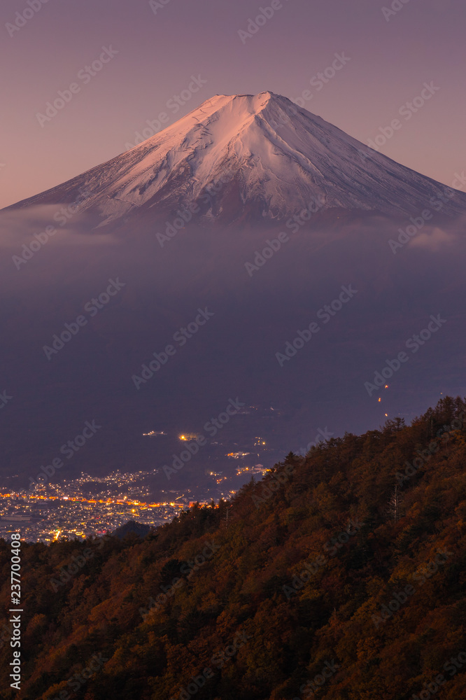 Mt. Fuji and Fujiyoshida town in autumn season seen from Mt. Mitsutoge