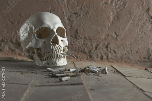Smoking kills concept, portrait of a smoking skull