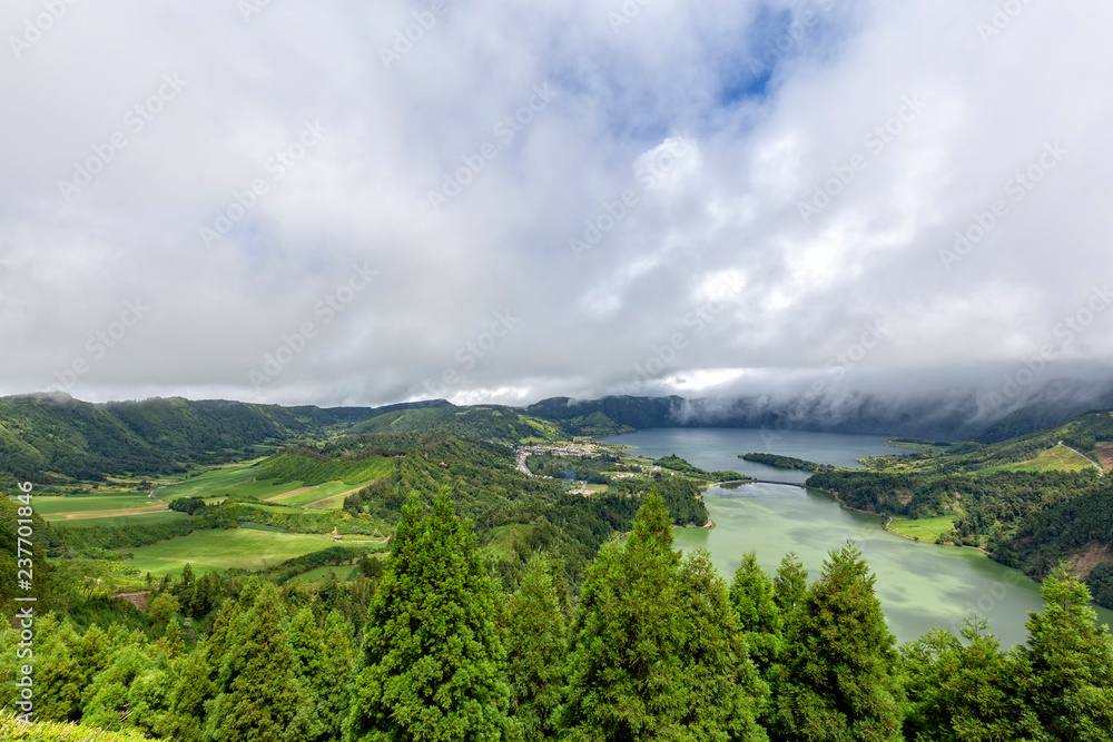 Beautiful view of lakes and massive Sete Cidades caldera on the island of Sao Miguel, Azores.