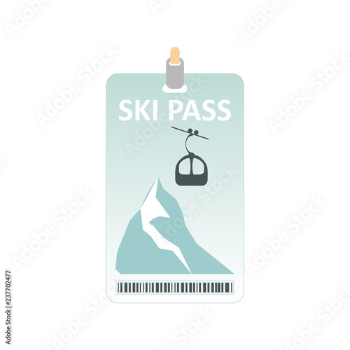 Ski pass icon. Winter sport concept, mountains and ski lift. Ski pass template with barcode. Vector illustration.