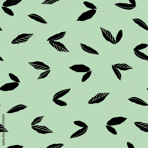Green vector repeat pattern black silhouette leaves. Surface pattern design.