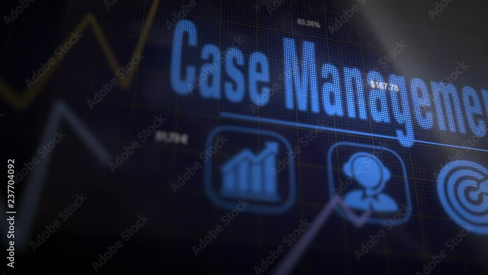Case Management business concept on a flashing computer monitor with moving graphs and data. Case Management business concept on a flashing computer monitor with moving graphs and data.