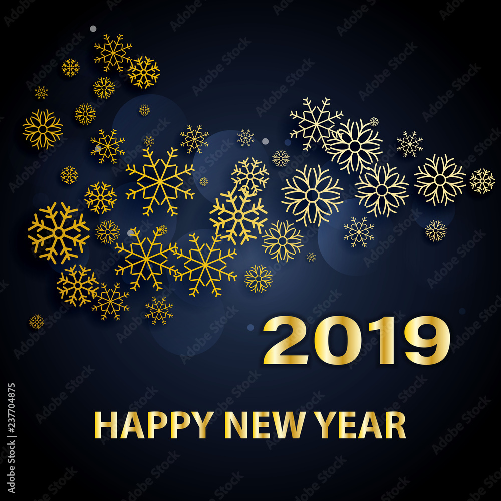 Happy New Year 2019 text design. Vector greeting illustration with golden numbers and snowflakes on a dark blue background.