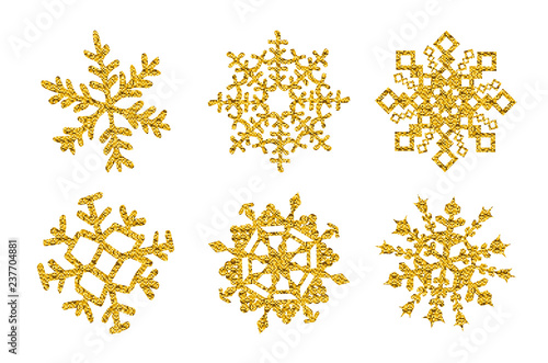 set six Gold glitter texture snowflake isolated on white background. Vector illustration.
