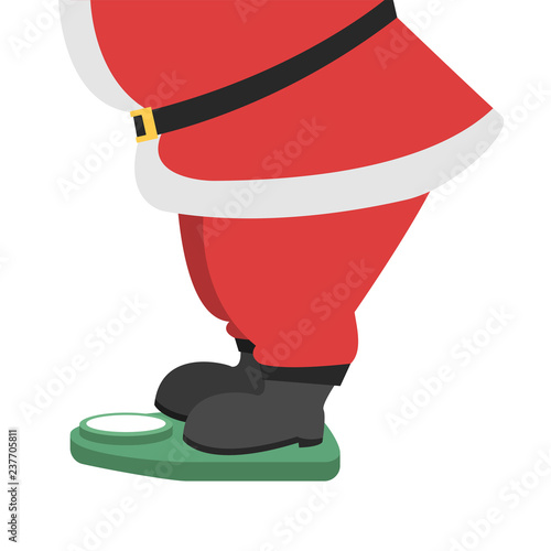 New-year concept, Santa's slimming. Fat Santa Claus, Santa is on the scales. Santa Claus measures his weight, Santa is standing on the scales. Vector illustration.
