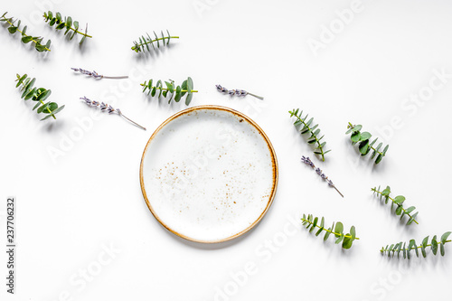 trendy breakfast design with lavander and eucalyptus top view mo