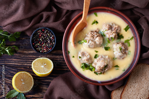 Greek Meatball Soup in a bowl photo