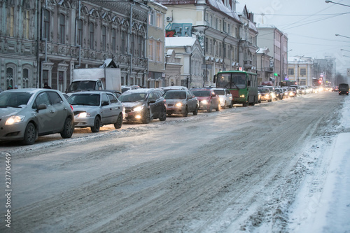 Traffic jam caused by heavy snowfall
