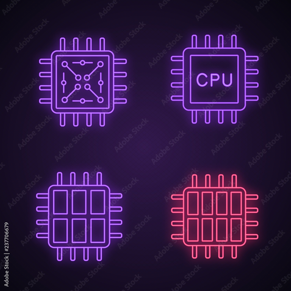 Processors neon light icons set