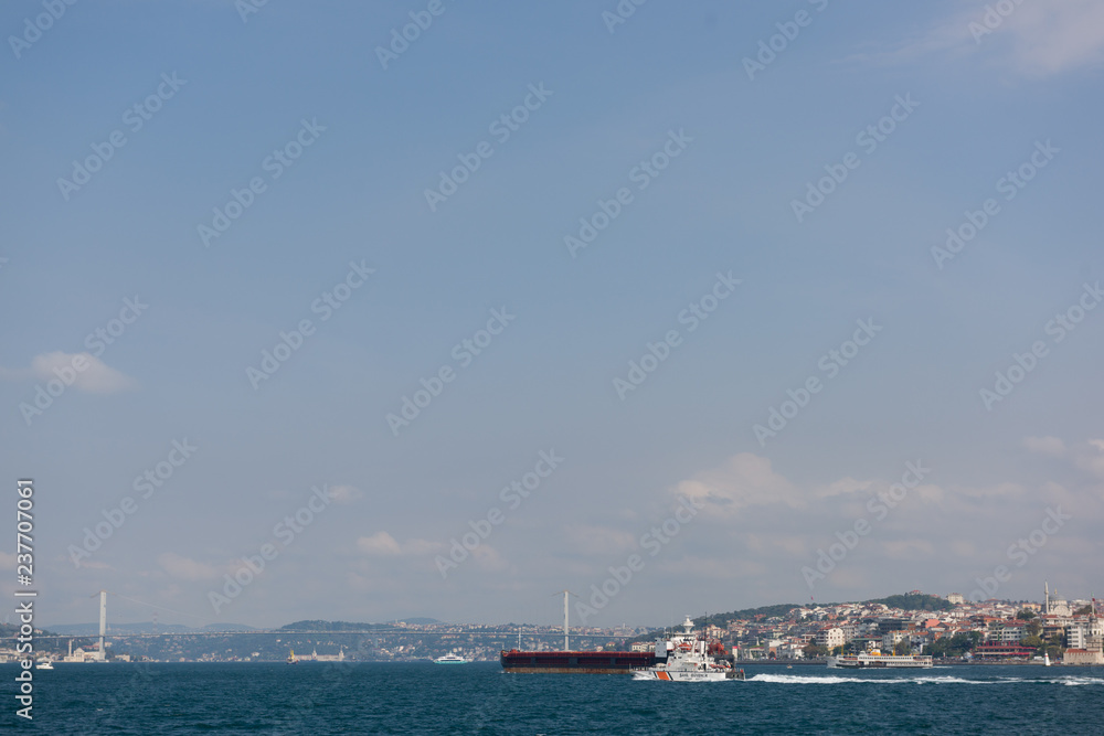 View from ferry across Bospor strait in Istanbul, Turkey