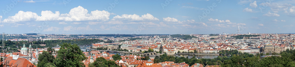 Panorama of Prague with the Vltava, the bridges and the old town