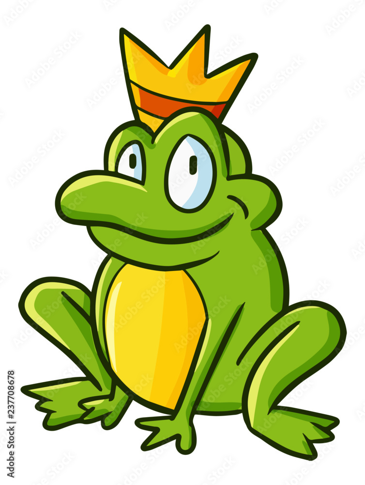 Fototapeta premium Cute and funny green frog wearing a golden crown smiling - vector.