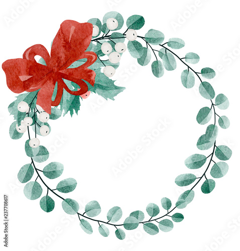 Watercolor Wreath clip art . Hand drawn decorative frame of , leaves and white and red berries tied with a bow lace.