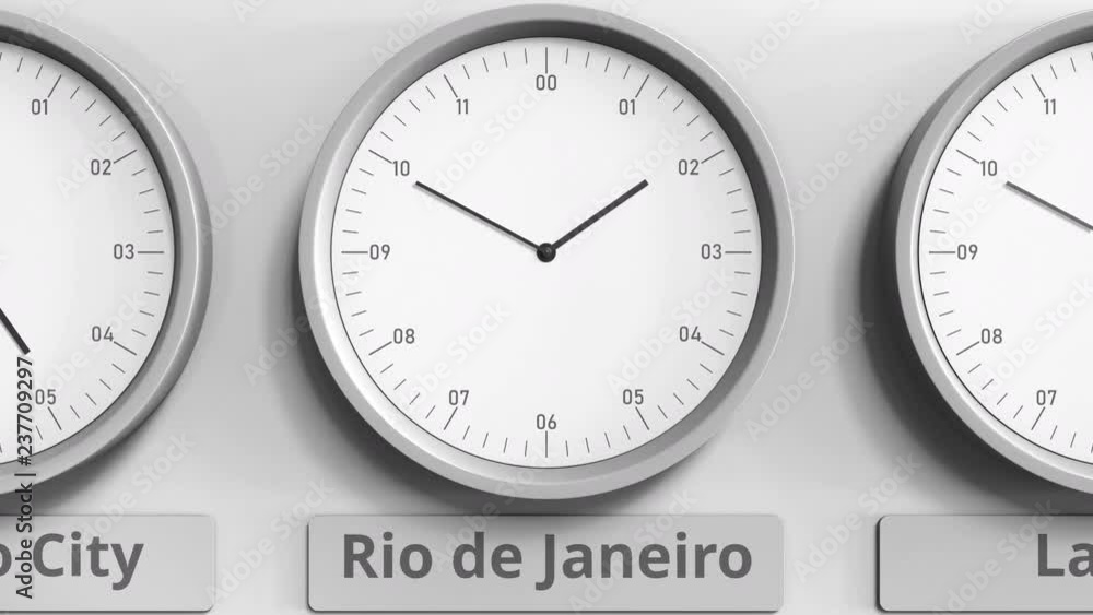 Round clock showing Rio de Janeiro, Brazil time within world time zones ...