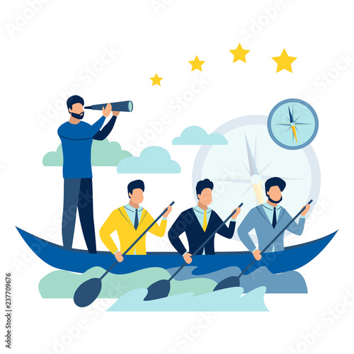 Team work on boat. Business success metaphor in minimalistic flat style. Cartoon vector illustration