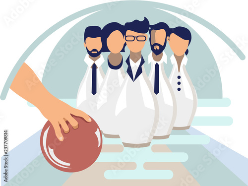 Bowling with humans as skittle pin. Flat style. Cartoon vector illustration