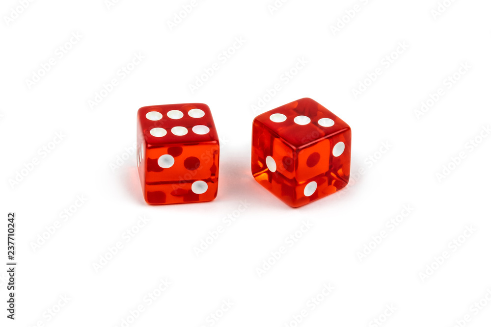 Two red glass dice isolated on white background. Six and three. Two red glass dice isolated on white background. Six and three.