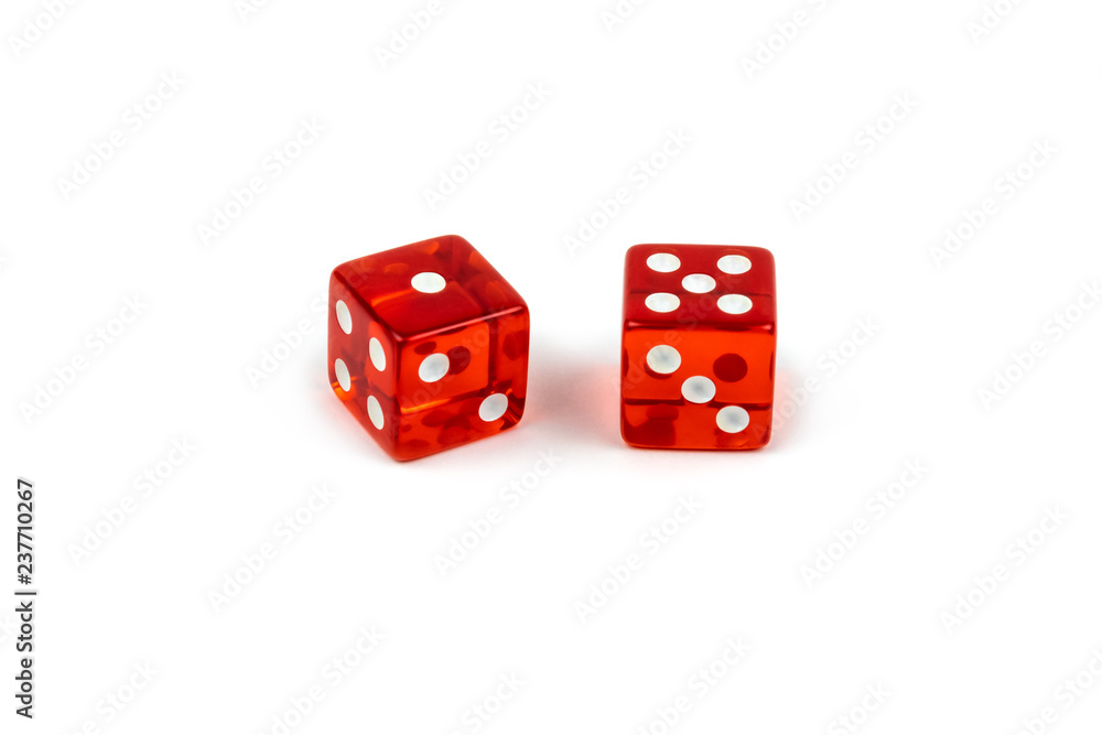 Two red glass dice isolated on white background. One and five. Two red glass dice isolated on white background. One and five.