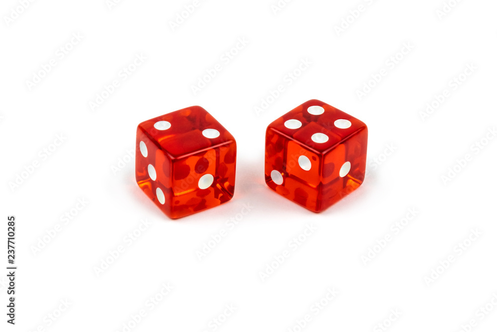 Two red glass dice isolated on white background. Two and four. Two red glass dice isolated on white background. Two and four.