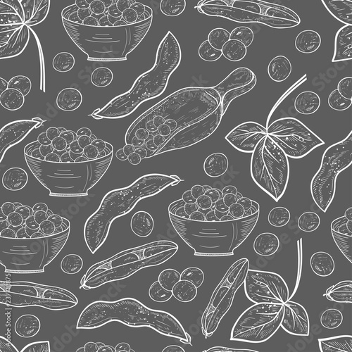 Soy. Leaves, pod, soya beans. Bowl, scoop. Background, wallpaper, texture, seamless. Sketch.