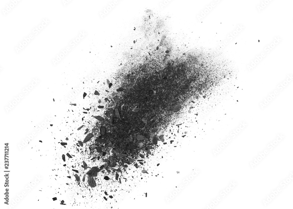 Black charcoal dust, gunpowder explosion isolated on white background and texture, top view Black charcoal dust, gunpowder explosion isolated on white background and texture, top view
