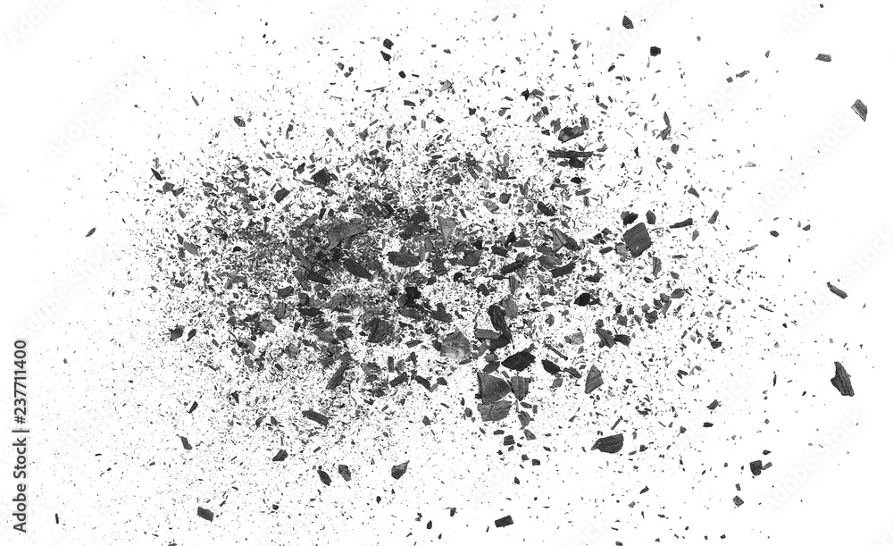 Black charcoal dust, gunpowder explosion isolated on white background and texture, top view