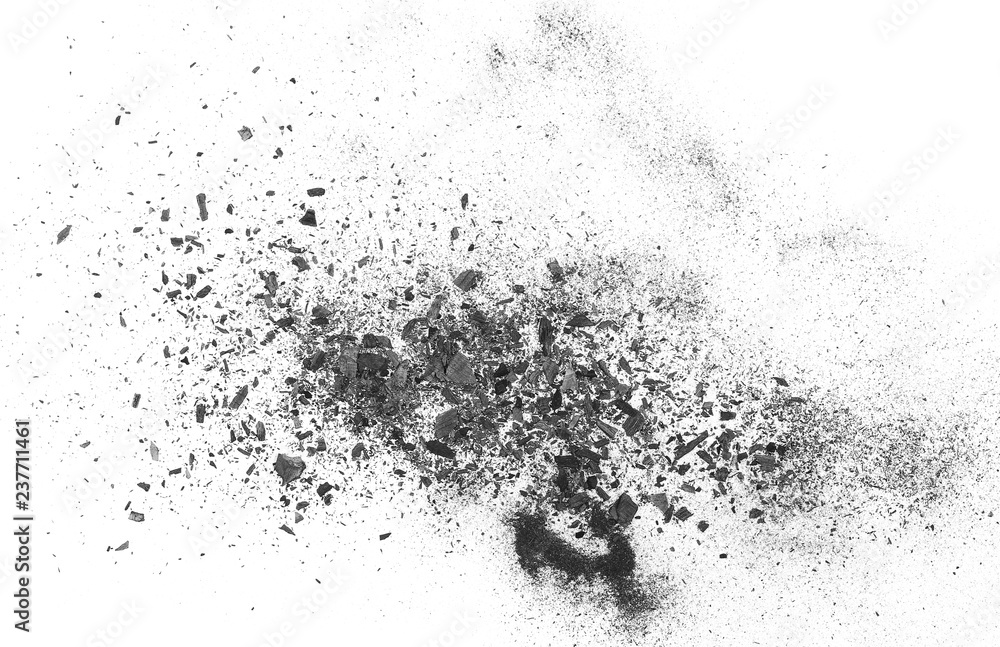 Black charcoal dust, gunpowder explosion isolated on white background and texture, top view