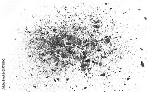 Photographie Black charcoal dust, gunpowder explosion isolated on white background and textur