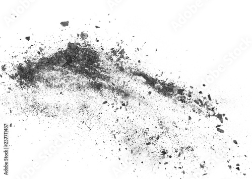 Tablou canvas Black charcoal dust, gunpowder explosion isolated on white background and textur