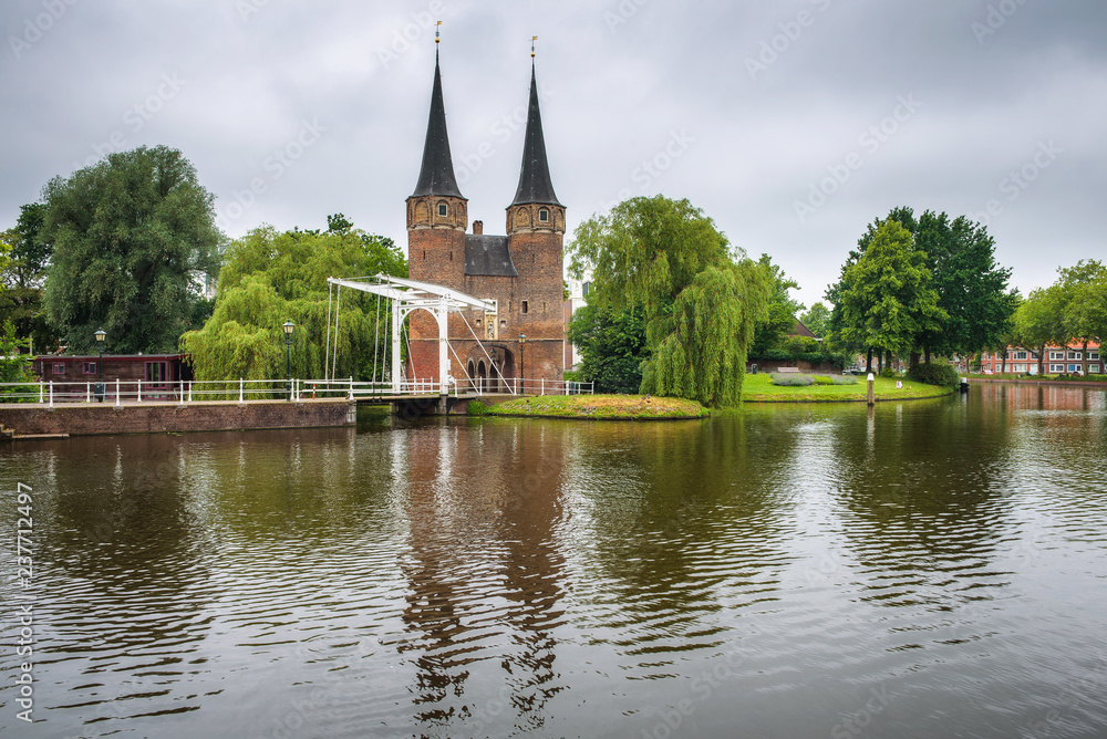 Eastern gate, canal and historic drawbridge in Delft, Netherland