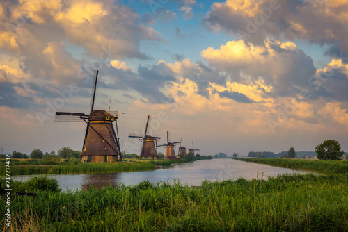 Sunset above historic windmills in Kinderdijk, Netherlands
