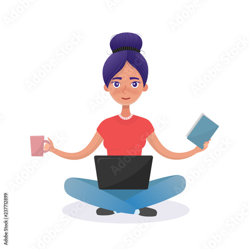 Vector illustration of woman working at home on laptop in lotus pose. Woman programmer freelancer vector concept. Eps 10
