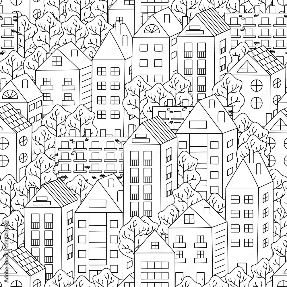 Town houses and trees seamless background. Hand-drawn black and white pattern. Vector. 