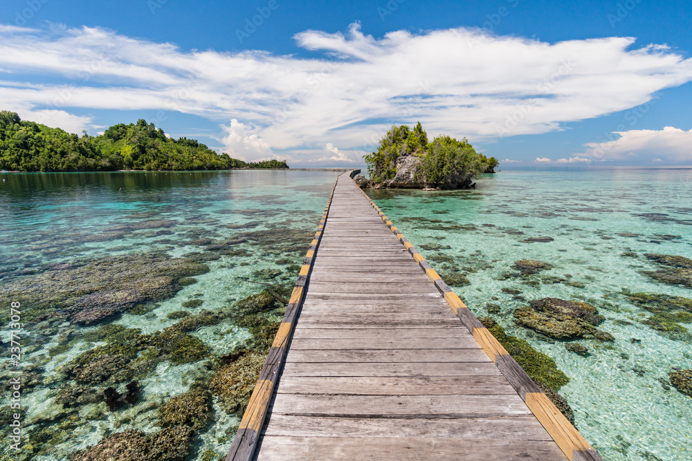 The connecting bridge to the main island from the sea gypsy village in the Togian Islands in Sulawesi, Indonesia