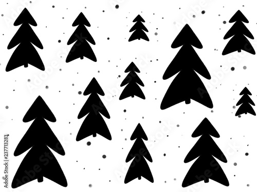 Stylish simple black christmas trees and snow on white background. Hand drawn illustration. Modern greeting card. Happy holidays. Sketch