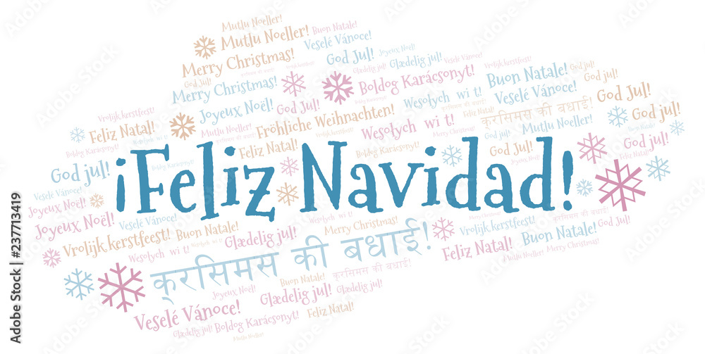 Fototapeta premium Feliz Navidad word cloud - Merry Christmas on Spanish language and other different languages.