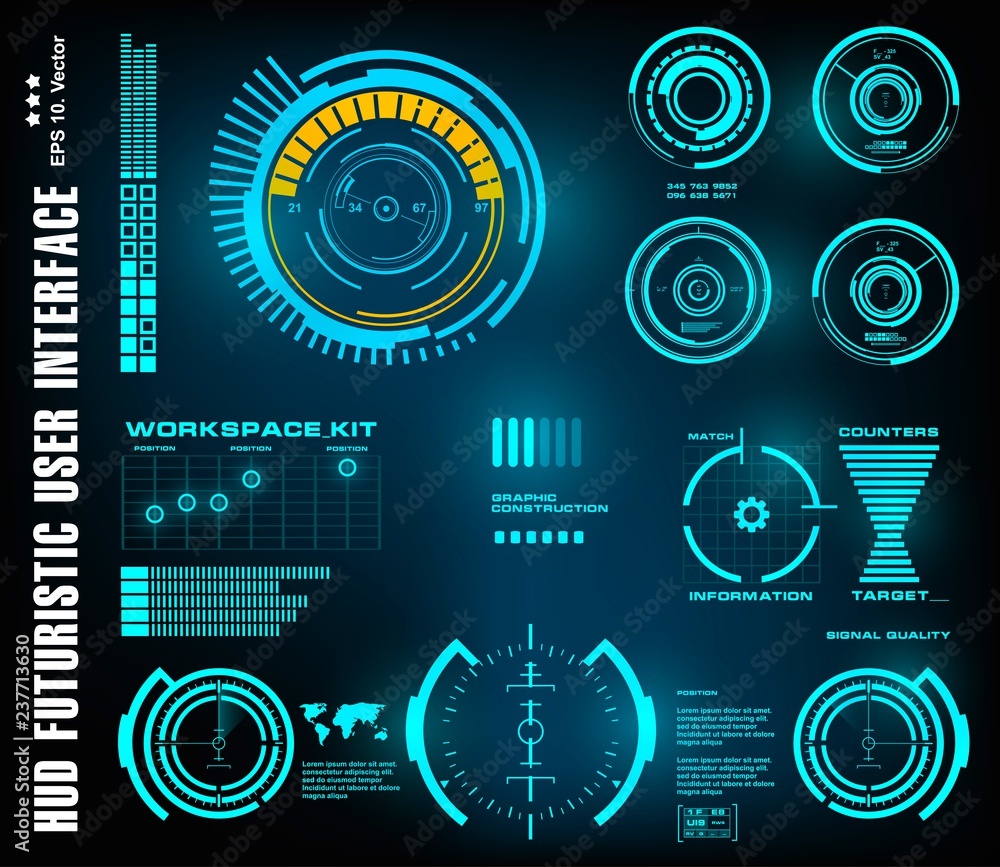 Obraz premium HUD futuristic blue user interface, dashboard display virtual reality technology screen
