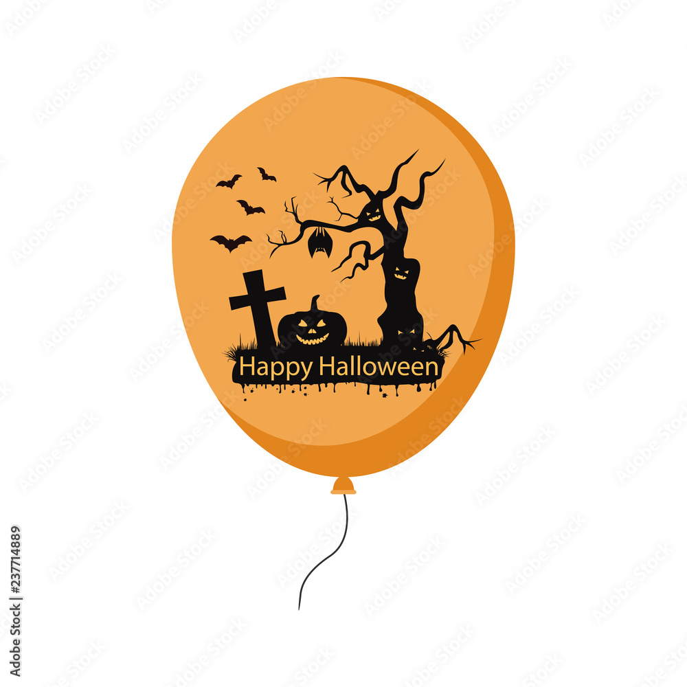 Happy Halloween balloon. Festive concept for Happy Halloween. Graveyard, full moon dark night scary castle and big tree, pumpkin and black bat. Vector illustration.