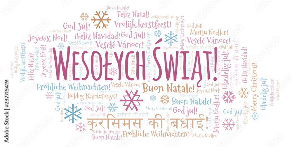 Obraz premium Wesołych Świąt word cloud - Merry Christmas on Polish language and other different languages.