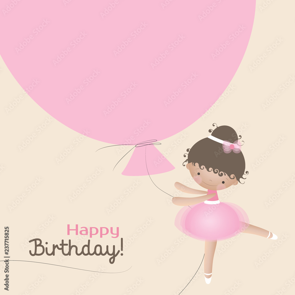 Happy Birthday card with cute little ballerina and pink balloon. Vector illustration. Happy Birthday card with cute little ballerina and pink balloon. Vector illustration.
