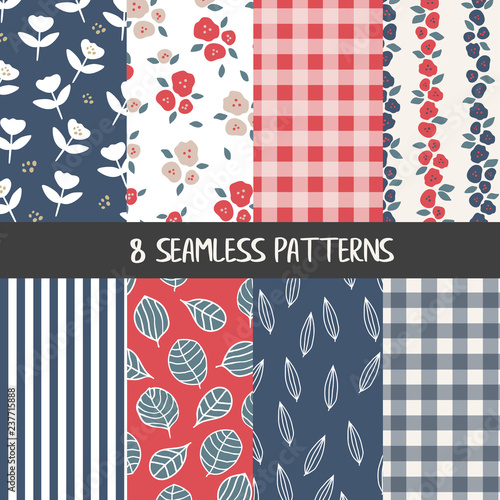Set of natural farmhouse style seamless patterns for kitchenware and homeware, fabric and stationery design and decoration