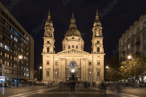 St. Stephen's Basilica, in Budapest, lit up at night