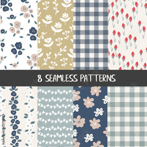 Set of natural farmhouse style seamless patterns for kitchenware and homeware, fabric and stationery design and decoration